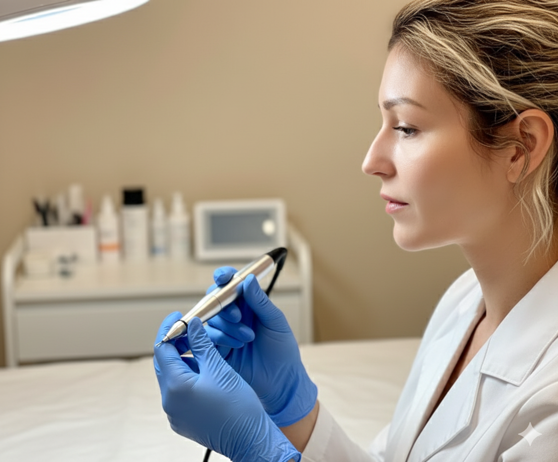 Praticienne certifiée en dermopigmentation réalisant un soin de précision